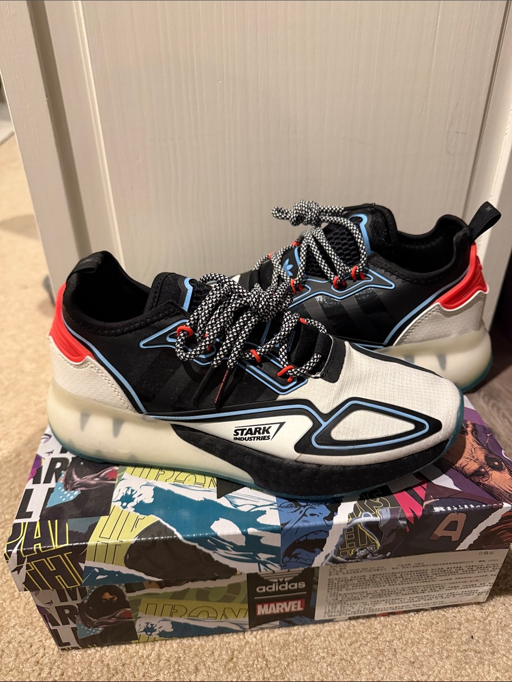 adidas Marvel Stark Industries Black White Sneakers with Blue and Red Accents